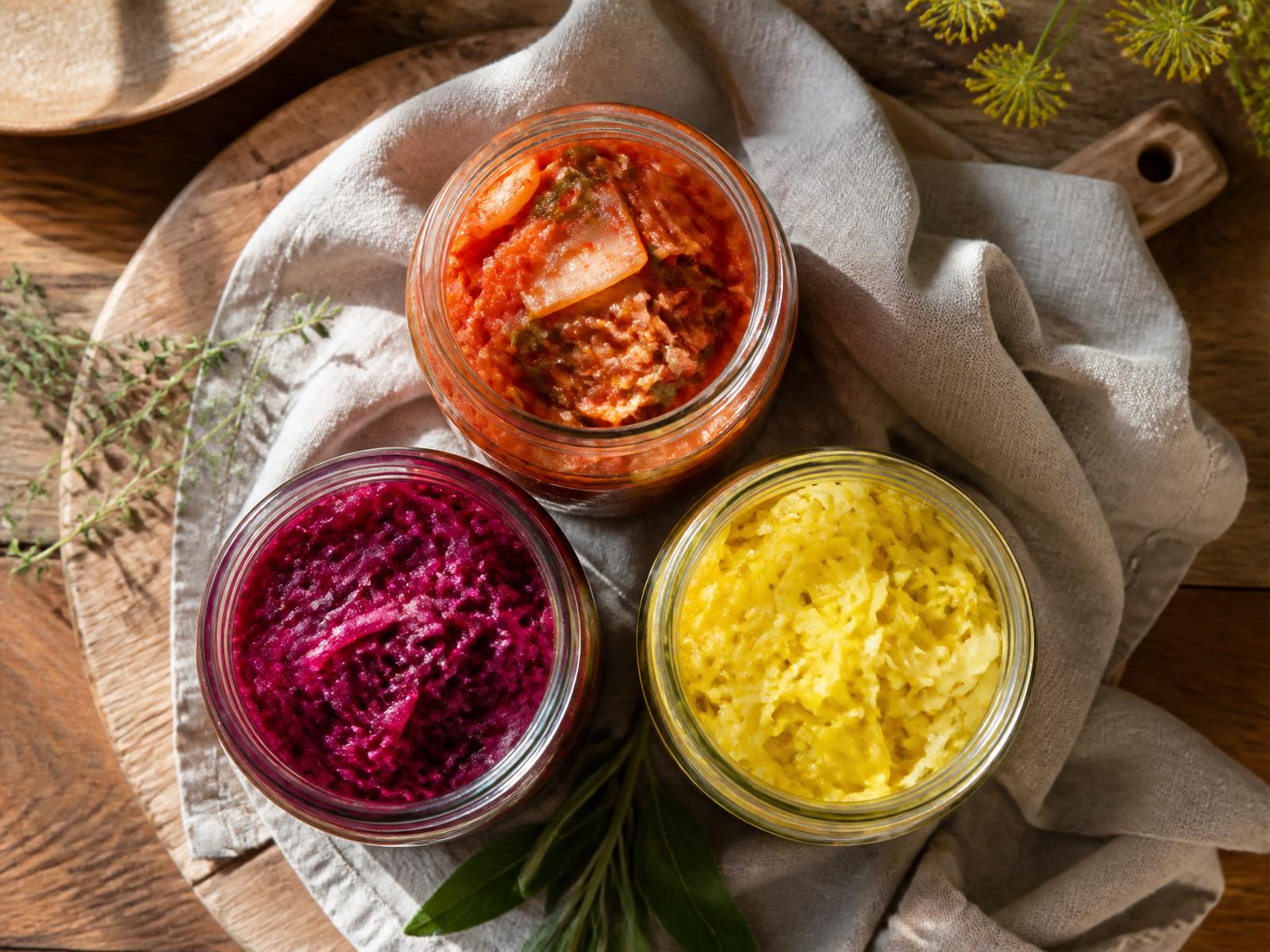 Three glass jars of vibrant fermented vegetables — kimchi, beetroot kraut, and turmeric kraut — styled on a wooden board